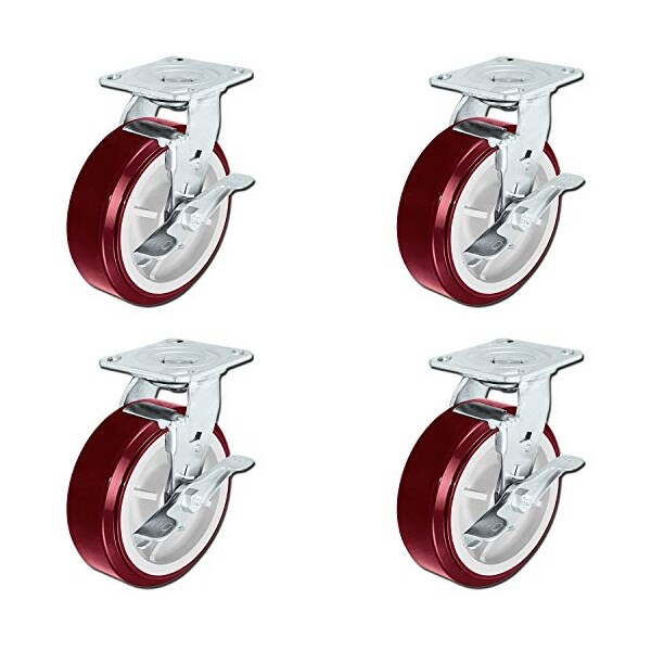 Hvy Dty Polyurethane Swivel Casters W/ Brakes, 6"x2" Size, PK4